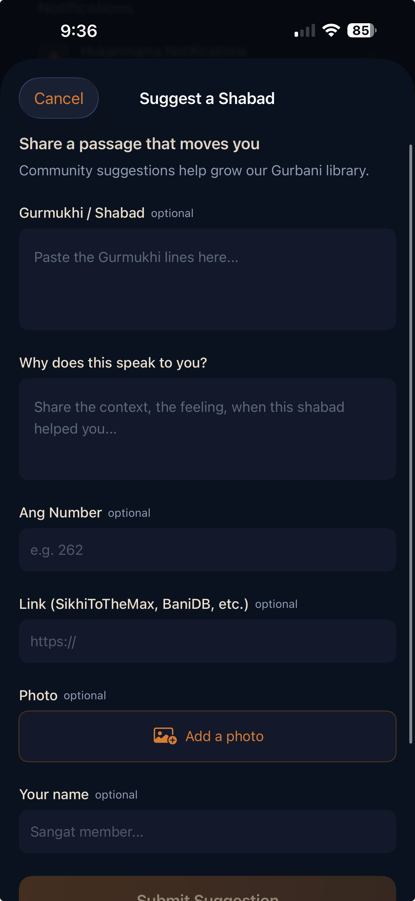 Suggest a Shabad Form